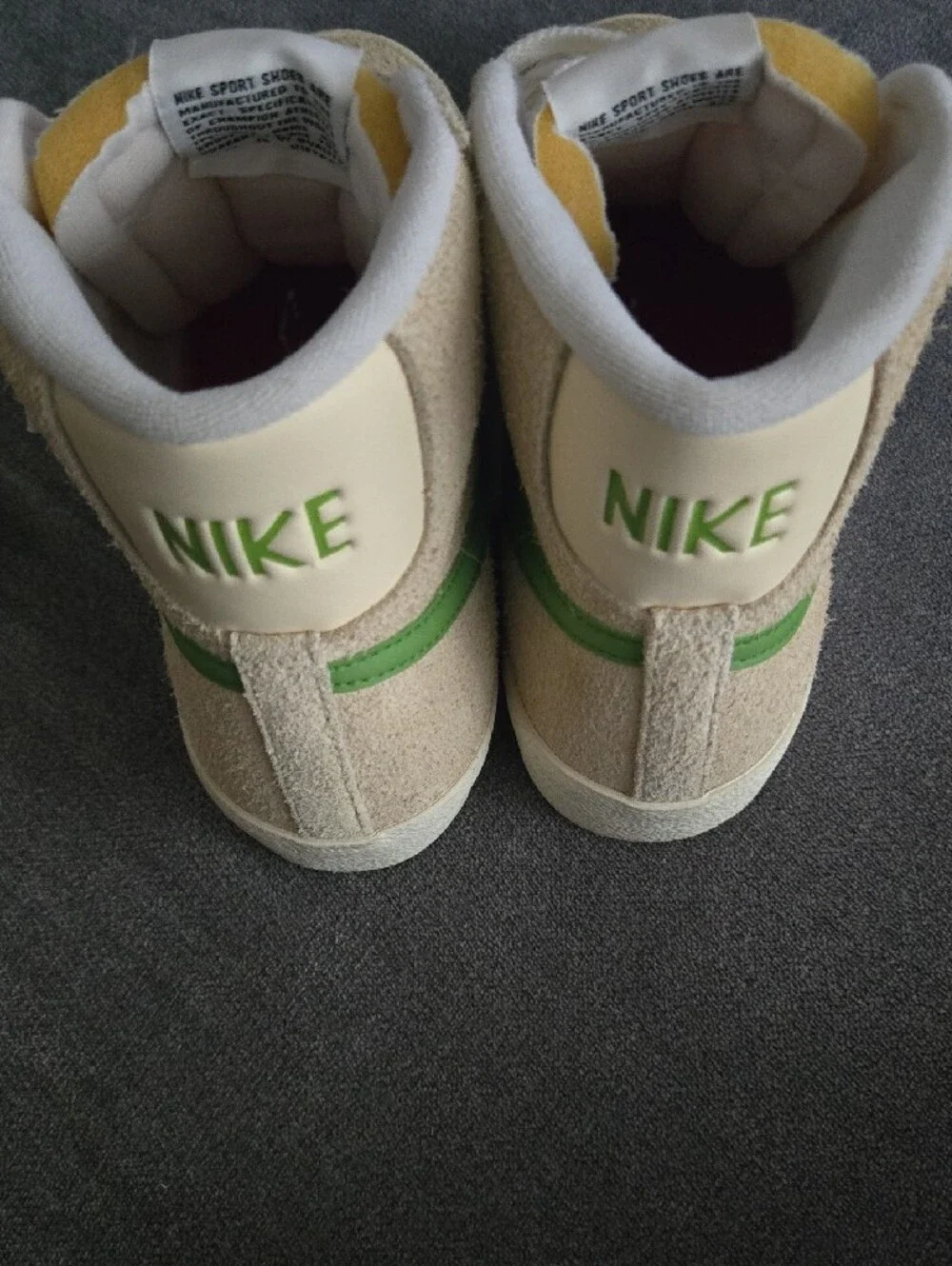 Nike Womens Suede High-Top Sneakers in Beige with Green Swoosh